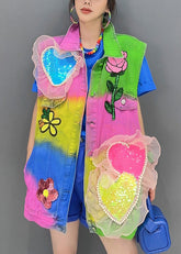Top vaquero sin mangas con cuello Peter Pan, lentejuelas y patchwork en bloques de color únicos